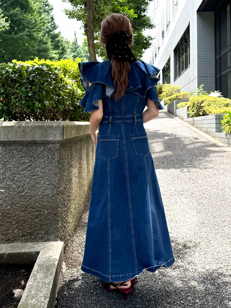 v-neck ruffled denim dress