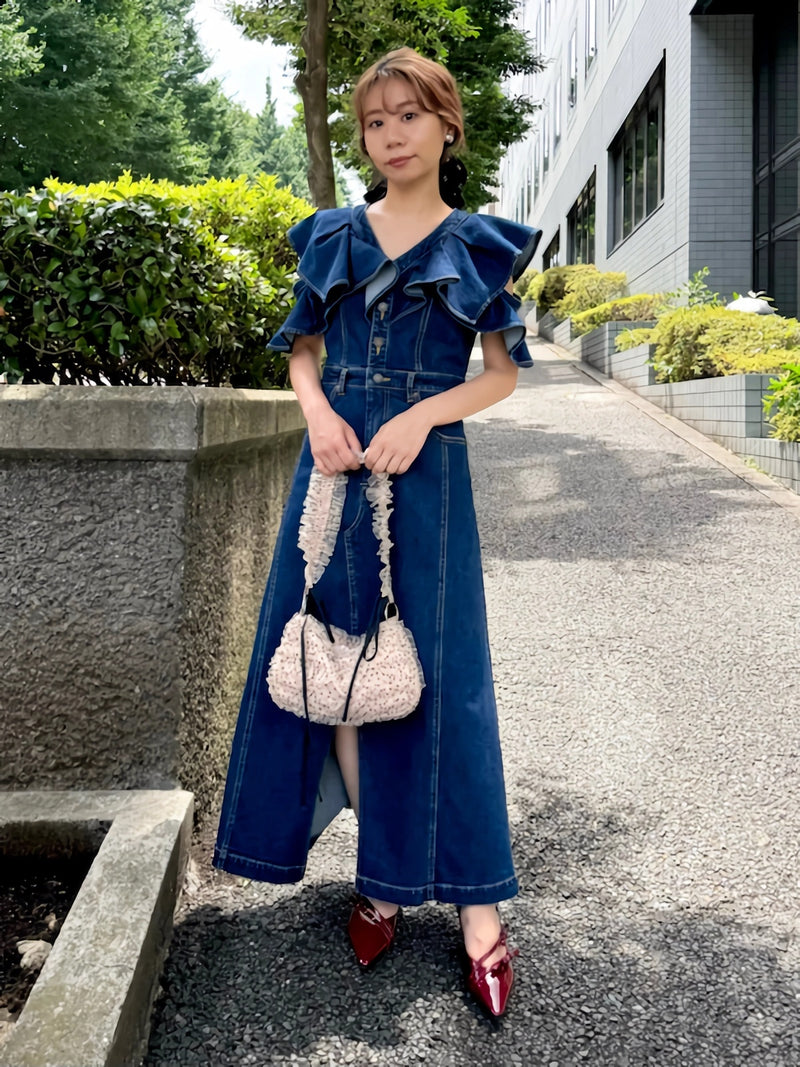 v-neck ruffled denim dress